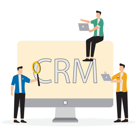 Gente de negocios trabajando en software CRM con información  Ilustración