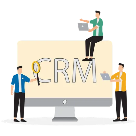 Gente de negocios trabajando en software CRM con información  Ilustración