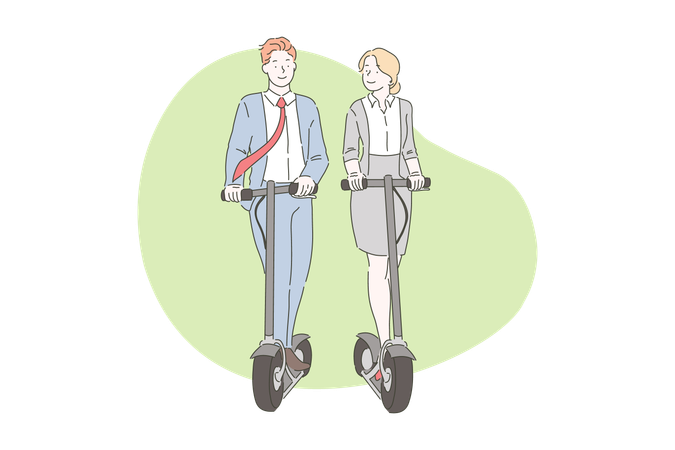 Gente de negocios yendo a la oficina en scooter  Ilustración
