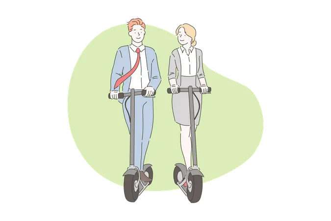 Gente de negocios yendo a la oficina en scooter  Ilustración