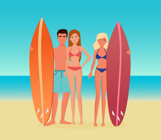 Gente de pie con tabla de surf  Ilustración