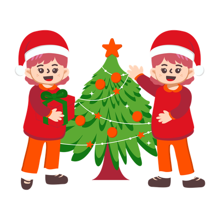 Gente de Santa Claus decorando el árbol de Navidad  Ilustración