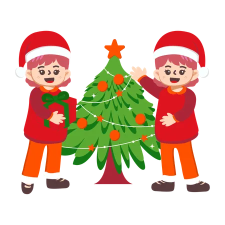 Gente de Santa Claus decorando el árbol de Navidad  Ilustración