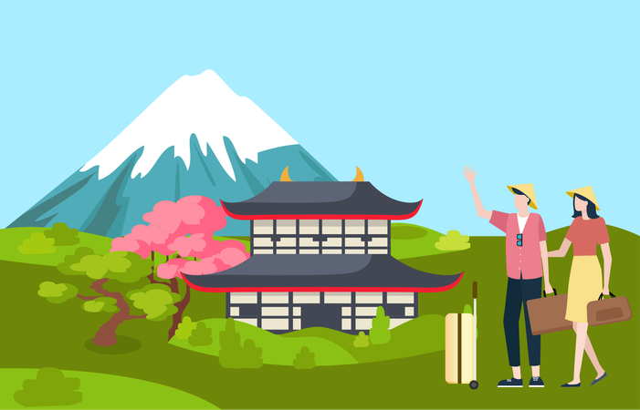 Gente de vacaciones a japon  Ilustración