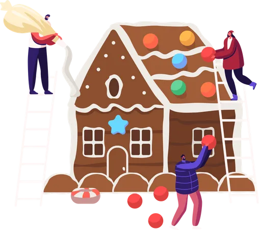 Personas decorando la casa de pan de jengibre navideña  Ilustración