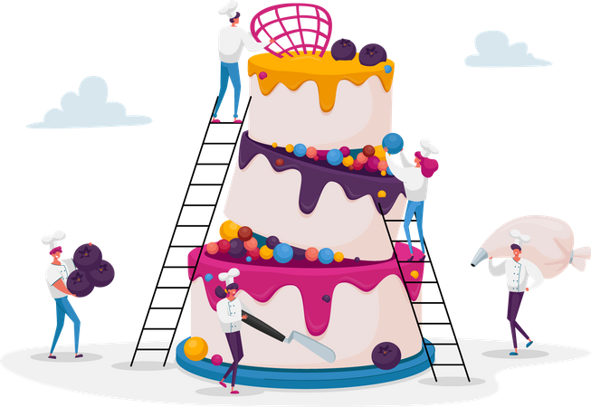 Gente decorando pastel de cumpleaños  Ilustración