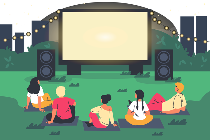 Gente descansando en el césped sobre las mantas y viendo una película en pantalla grande  Ilustración
