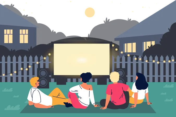 Personas descansando en el césped sobre una manta y viendo una película en una pantalla grande en el patio trasero de la casa  Ilustración