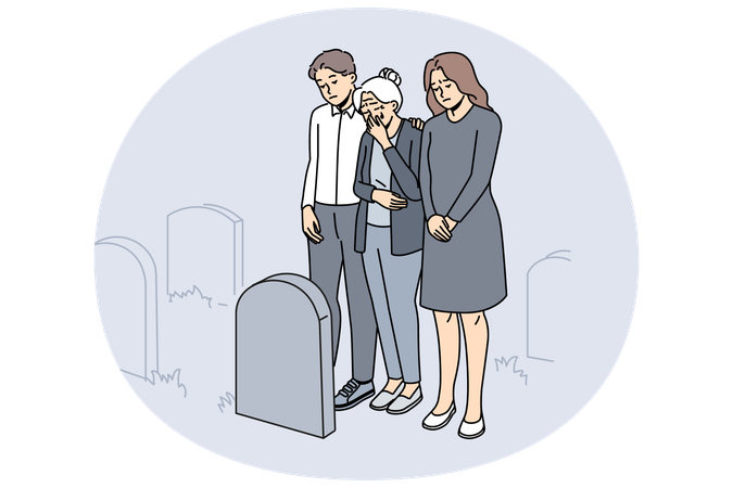 Personas desesperadas lloran ante una tumba en un cementerio  Ilustración