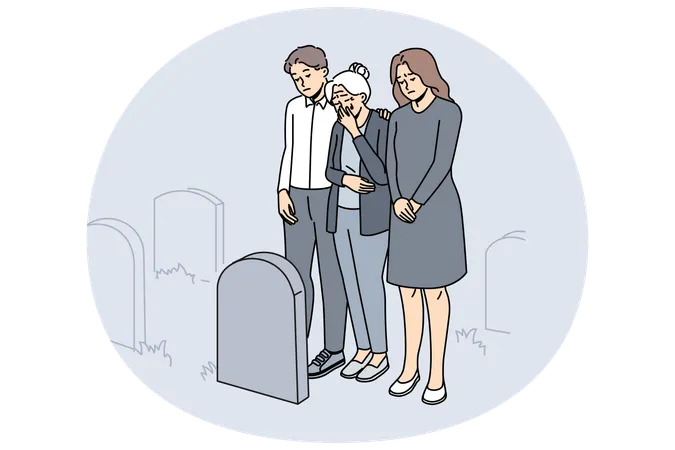 Personas desesperadas lloran ante una tumba en un cementerio  Ilustración