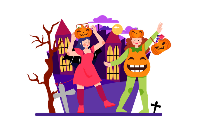 Personas disfrazadas de Halloween y celebran el día de Halloween.  Ilustración