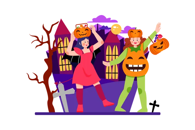 Personas disfrazadas de Halloween y celebran el día de Halloween.  Ilustración