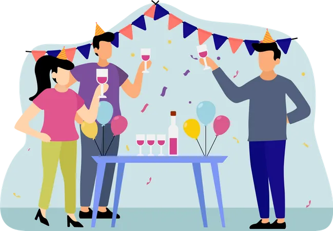 La gente disfruta del vino en la fiesta de cumpleaños.  Ilustración