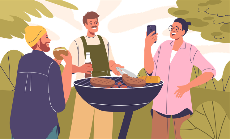 Gente disfrutando de comida y bebidas a la parrilla.  Ilustración