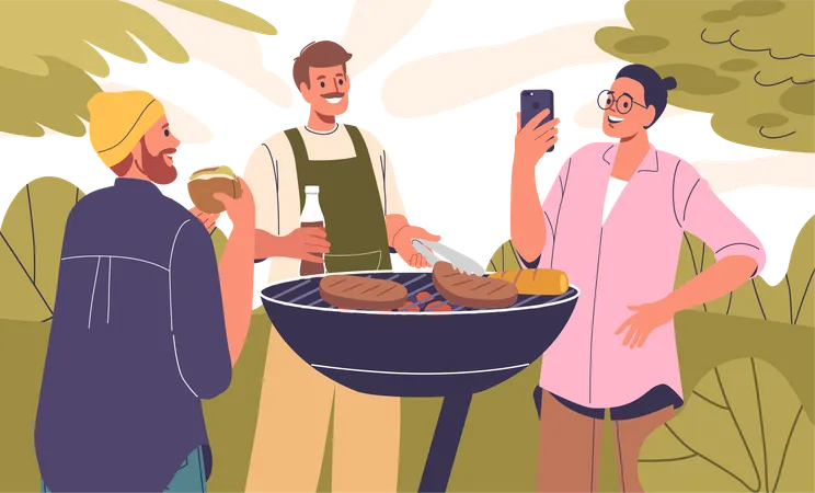 Gente disfrutando de comida y bebidas a la parrilla.  Ilustración