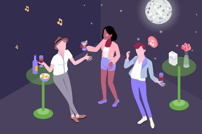 Gente disfrutando de fiesta con baile y bebida en mano.  Ilustración