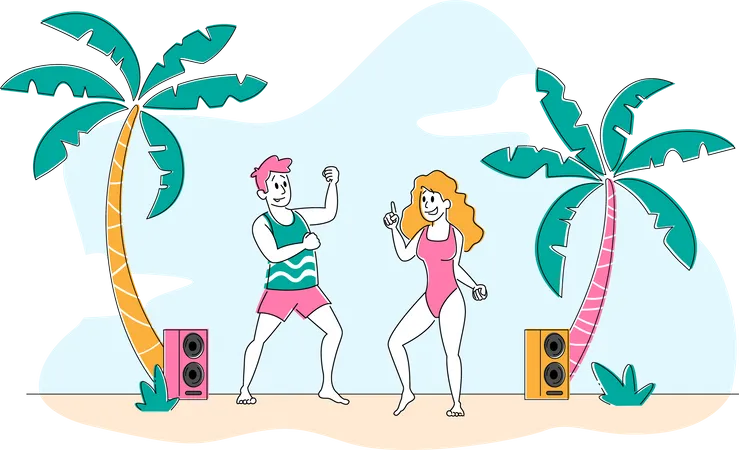 Gente disfrutando de la fiesta de verano en la playa  Ilustración