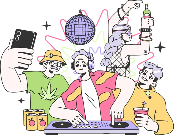 Gente disfrutando de la fiesta de dj  Ilustración