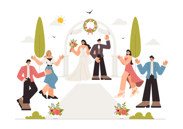 Gente disfrutando de la ceremonia de boda.  Ilustración