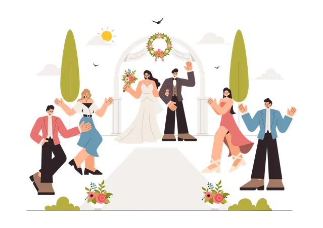 Gente disfrutando de la ceremonia de boda.  Ilustración