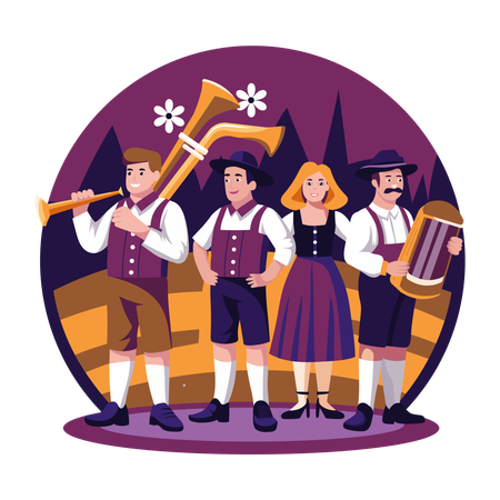 La gente disfruta de la música del Oktoberfest  Ilustración