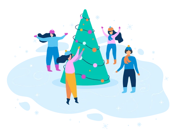 Gente disfrutando de la temporada de invierno con árbol de Navidad.  Ilustración
