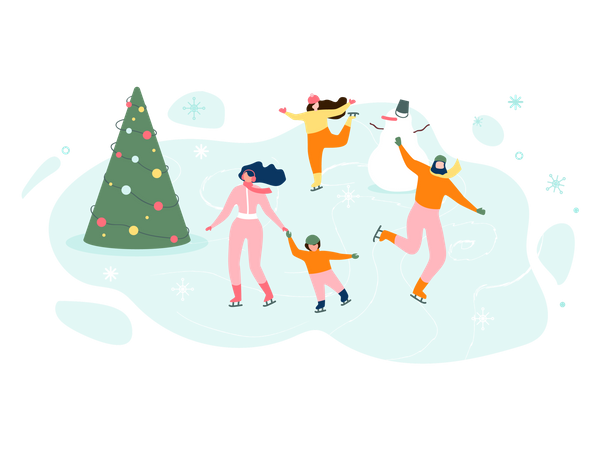 Gente disfrutando de la temporada de invierno con árbol de Navidad y muñeco de nieve.  Ilustración