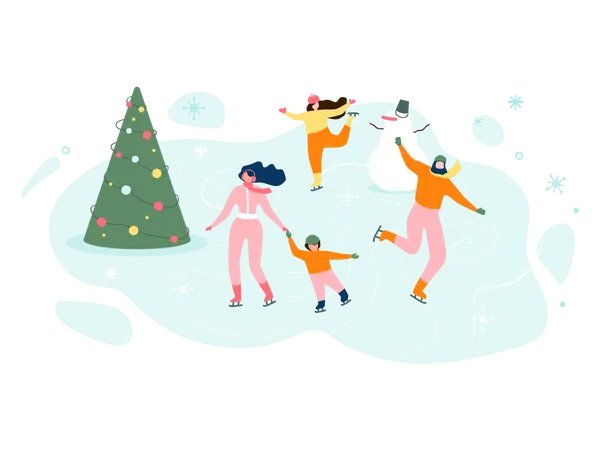Gente disfrutando de la temporada de invierno con árbol de Navidad y muñeco de nieve.  Ilustración