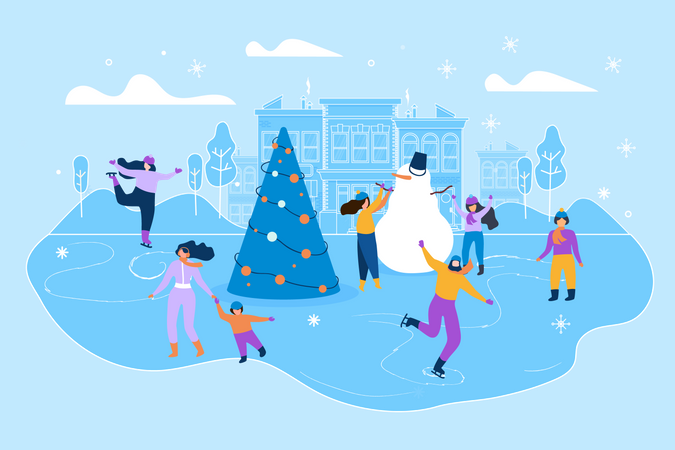 Gente disfrutando de la temporada de invierno con árbol de Navidad y muñeco de nieve en la ciudad.  Ilustración