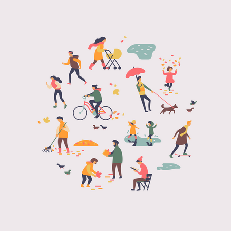 Gente disfrutando de la temporada de otoño en el parque urbano  Ilustración