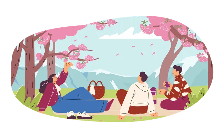 Gente disfrutando de un parque con cerezos durante el festival japonés Hanami  Ilustración