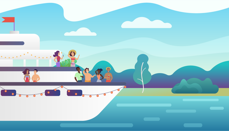 Gente disfrutando de las vacaciones de verano en barco  Ilustración