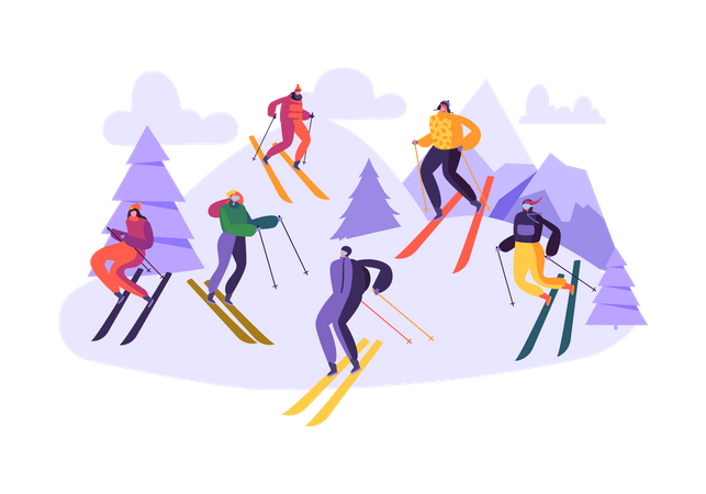 Gente disfrutando del esquí en la montaña  Ilustración