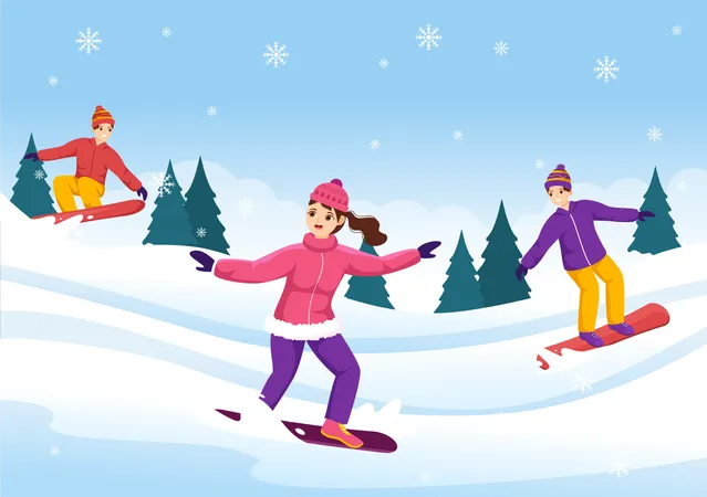 Gente disfrutando del snowboard  Ilustración