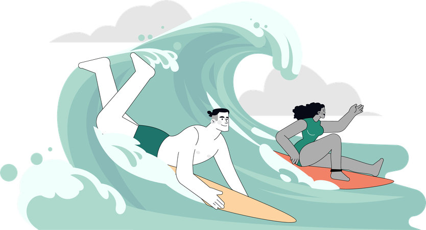 Gente disfrutando del surf en el océano  Ilustración