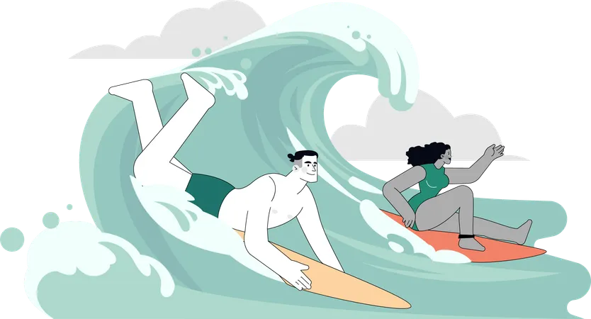 Gente disfrutando del surf en el océano  Ilustración