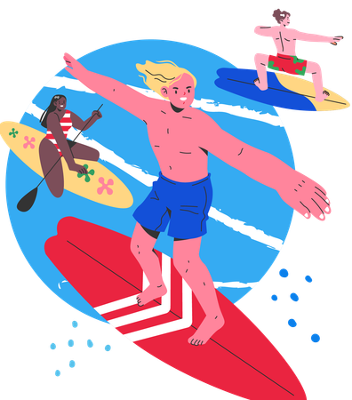 Gente disfrutando del surf en la playa  Ilustración