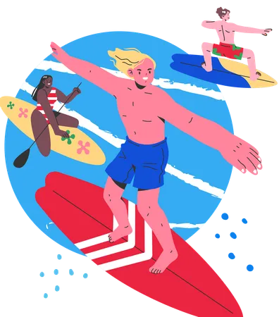 Gente disfrutando del surf en la playa  Ilustración