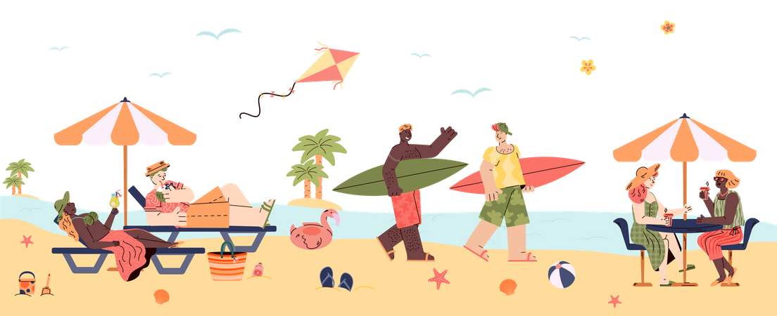 Gente disfrutando del verano en la playa  Ilustración