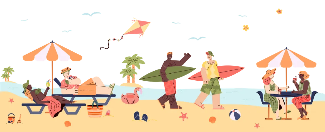 Banner De Ocio En La Playa De Verano Con Personajes De Dibujos Animados Que Pasan Vacaciones En La Orilla Del Mar Ilustracion Vectorial Plana Aislada En Fondo Blanco Viajes Y Turismo Ilustración
