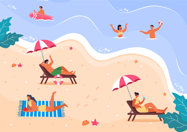 Gente disfrutando del verano en la playa.  Ilustración
