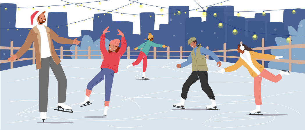 Gente disfrutando del patinaje sobre hielo  Ilustración