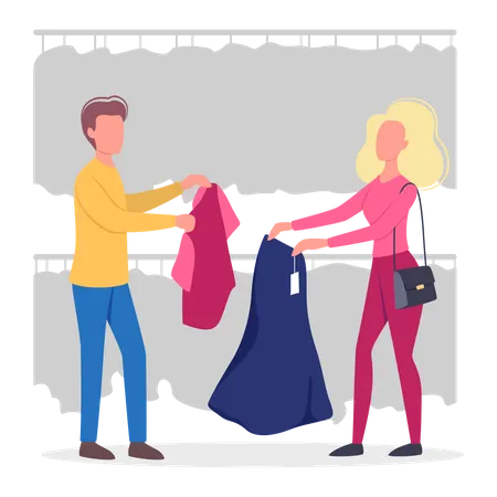 Gente eligiendo ropa en la tienda de ropa.  Ilustración
