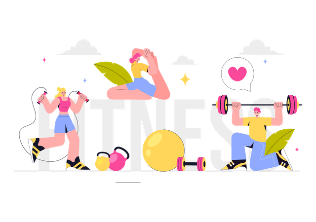 Gente en el gimnasio haciendo ejercicio.  Illustration