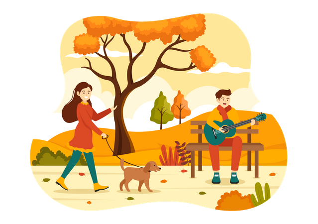 Gente en el parque de otoño  Ilustración