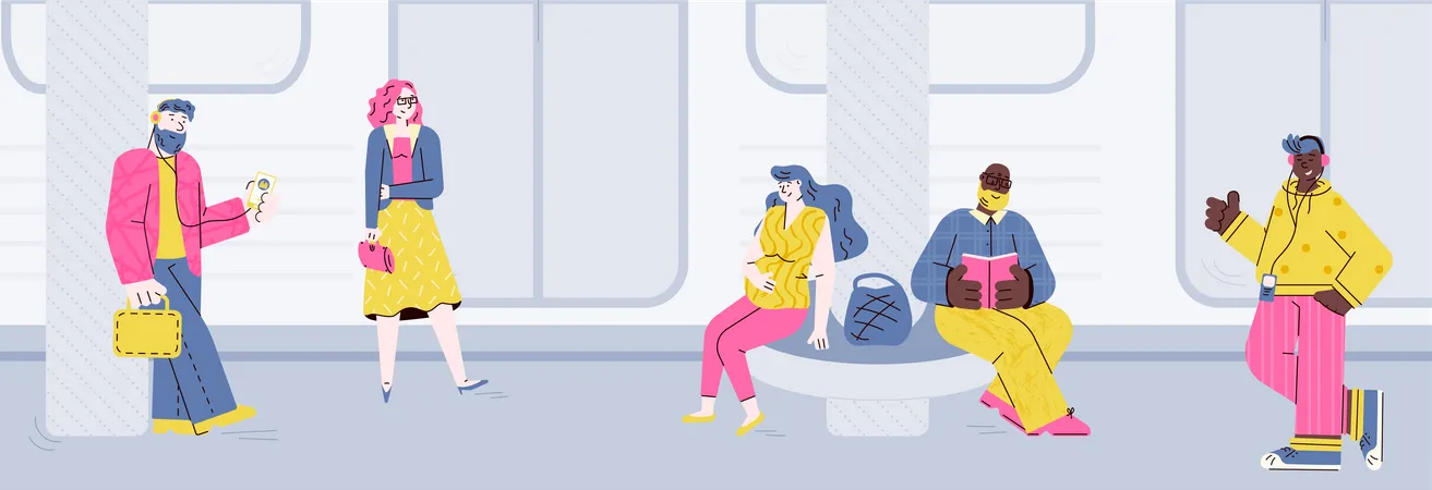 Gente en la estación de metro esperando el tren.  Ilustración