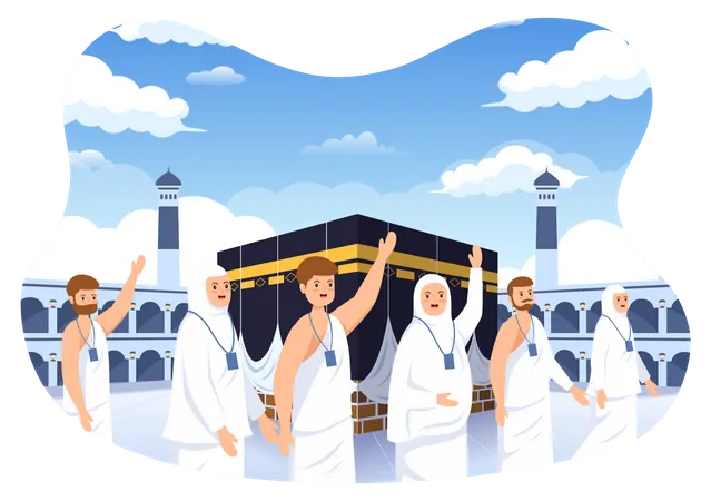 Hajj O Umrah Mabroor Ilustracion De Dibujos Animados Con Personajes De Personas Y Makkah Kaaba Adecuados Para Plantillas De Carteles O Paginas De Destino Ilustración