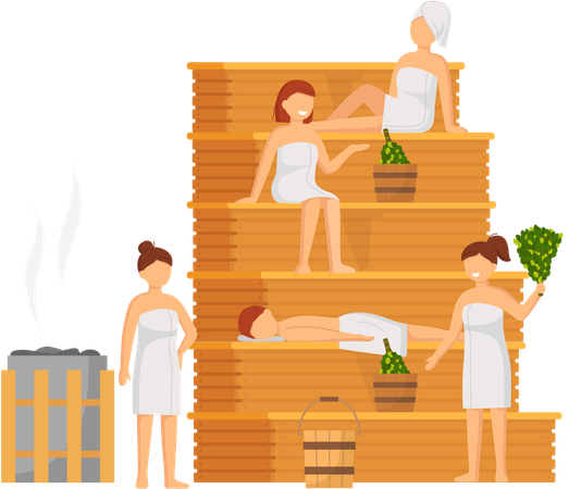 Personas en una sauna de vapor caliente  Ilustración