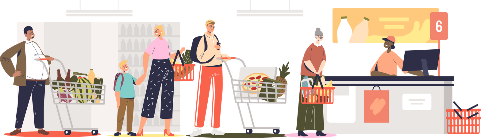 Personas en el supermercado esperando para pagar la comida en el cajero  Ilustración