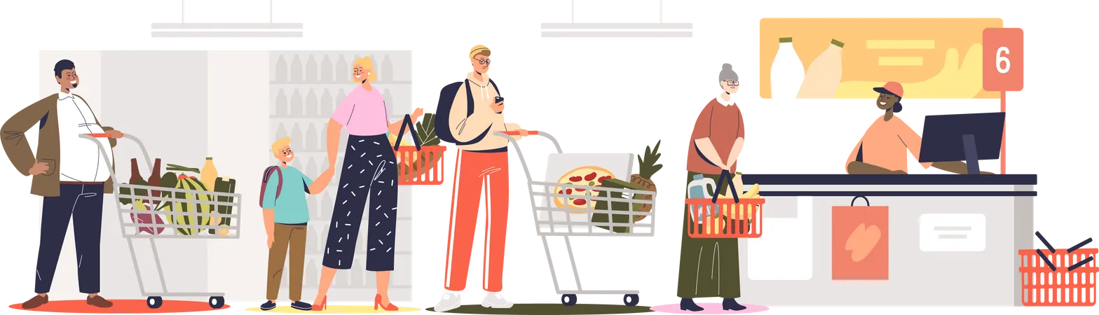 Cola En El Supermercado En El Mostrador Personas En Una Tienda De Comestibles Esperando Pagar La Comida En El Cajero Clientes Con Cestas Y Carritos De Compras Ilustracion De Vector Plano De Dibujos Animados Ilustración